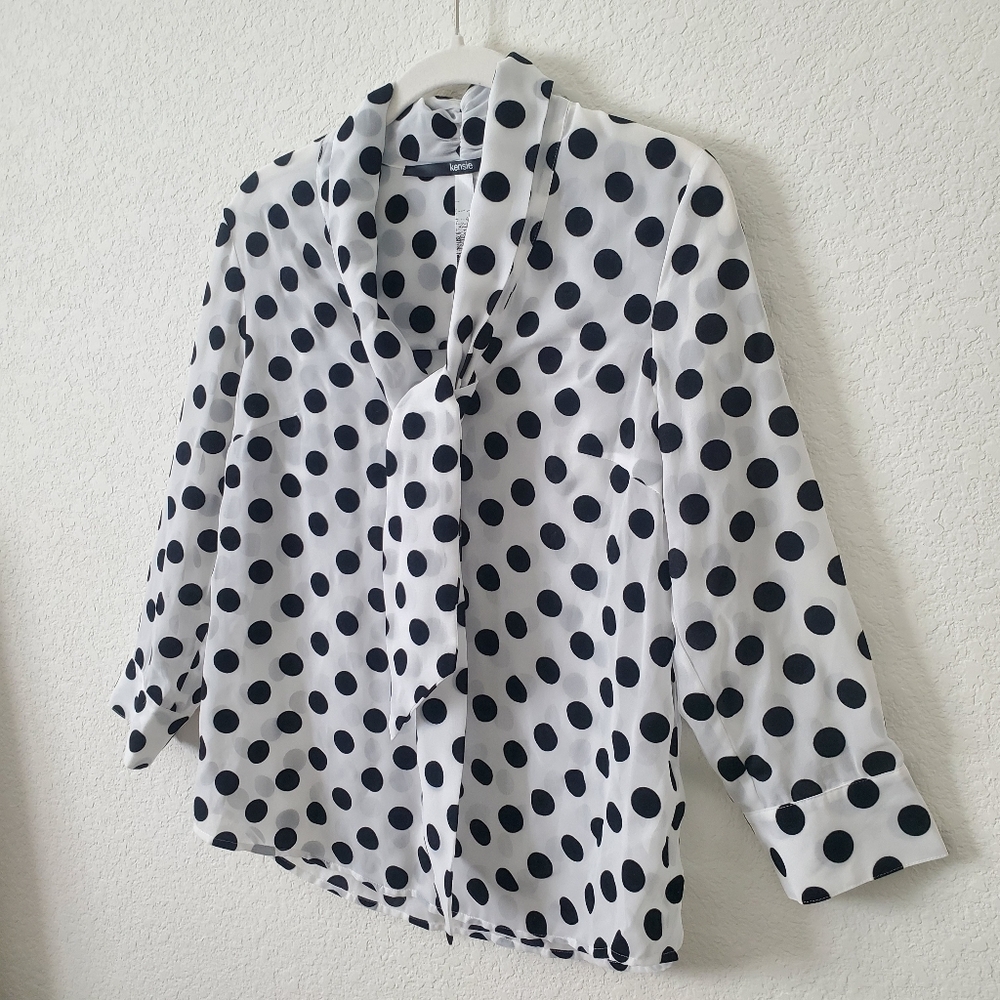 Kensie Semi-sheer Flocked Polka Dot Tie Neck Blouse Top 3/4 Sleeve Relaxed Fit - Picture 11 of 14